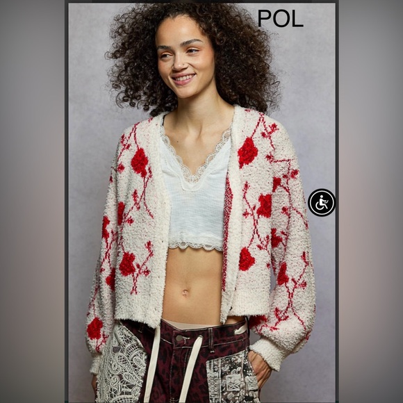POL Sweaters - BP218-1🤍❤️NEW! POL pretty Red +cream Floral Cardigan perfect4 desk2date! Wow🎄!
